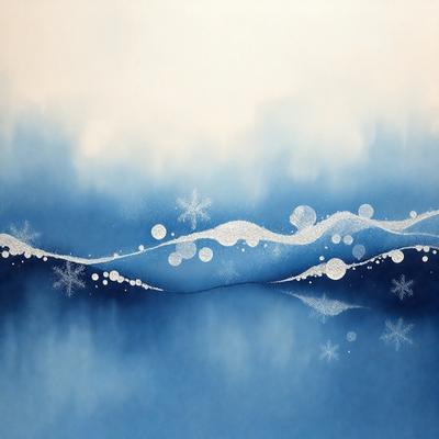 The primary subject of the image is a blue ocean with a white wave. The setting is a vast body of water, and the visual style is a combination of a photo and digital art. The colors are predominantly blue and white, creating a serene and calming atmosphere.